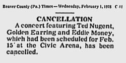 1978-02-15 Ted Nugent&GE Pittsburg - Civic Arena Show Canceled cancelation mentioned in Beaver County Times